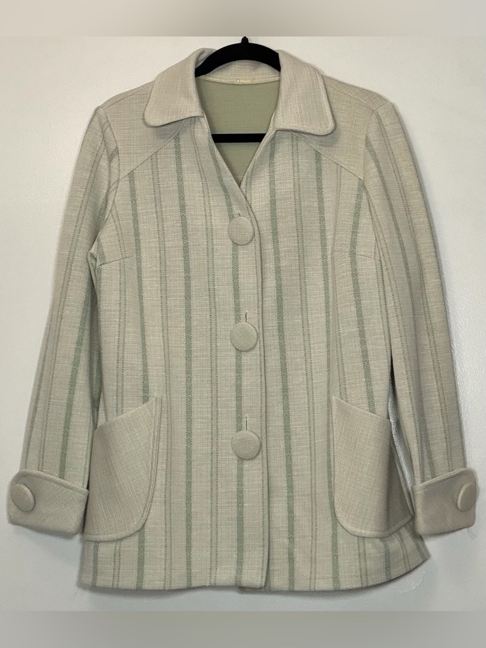 1970s Vintage Light Green Stripe Button-Front Blazer Jacket